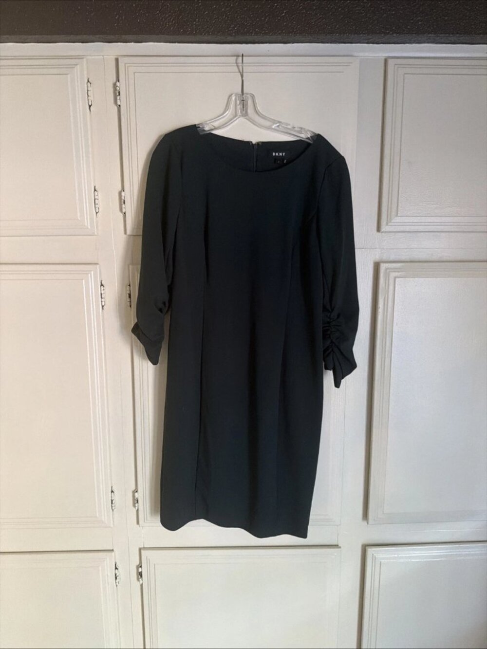 DKNY Dark Green Ruched 3/4 Sleeve Sheath Dress Size 12